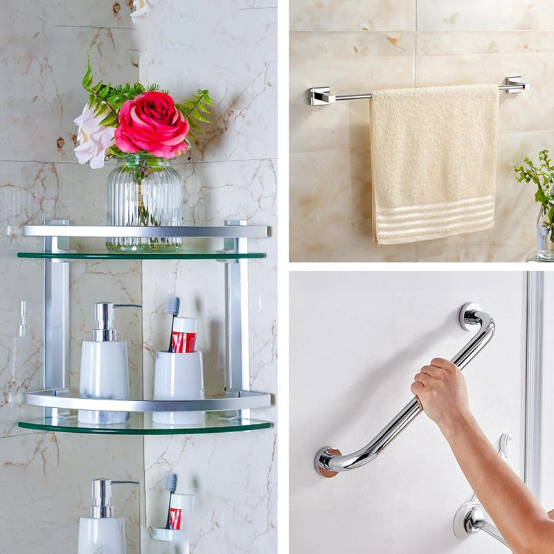 Bathroom Storage Set: SS Towel Bar, SS Grab Handle & Aluminum 2-Tier Corner Shelf