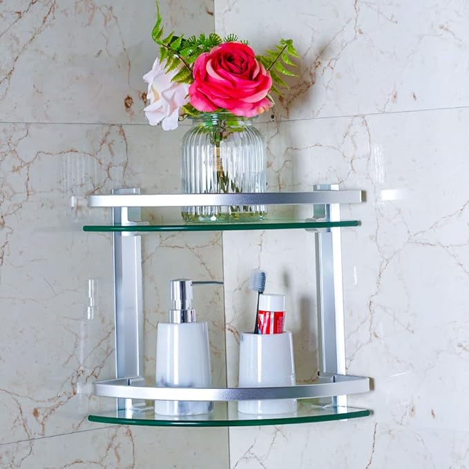 2 Tier Glass Corner Shelf Aluminum, Bathroom Corner Shelf for Stylish Home Organization