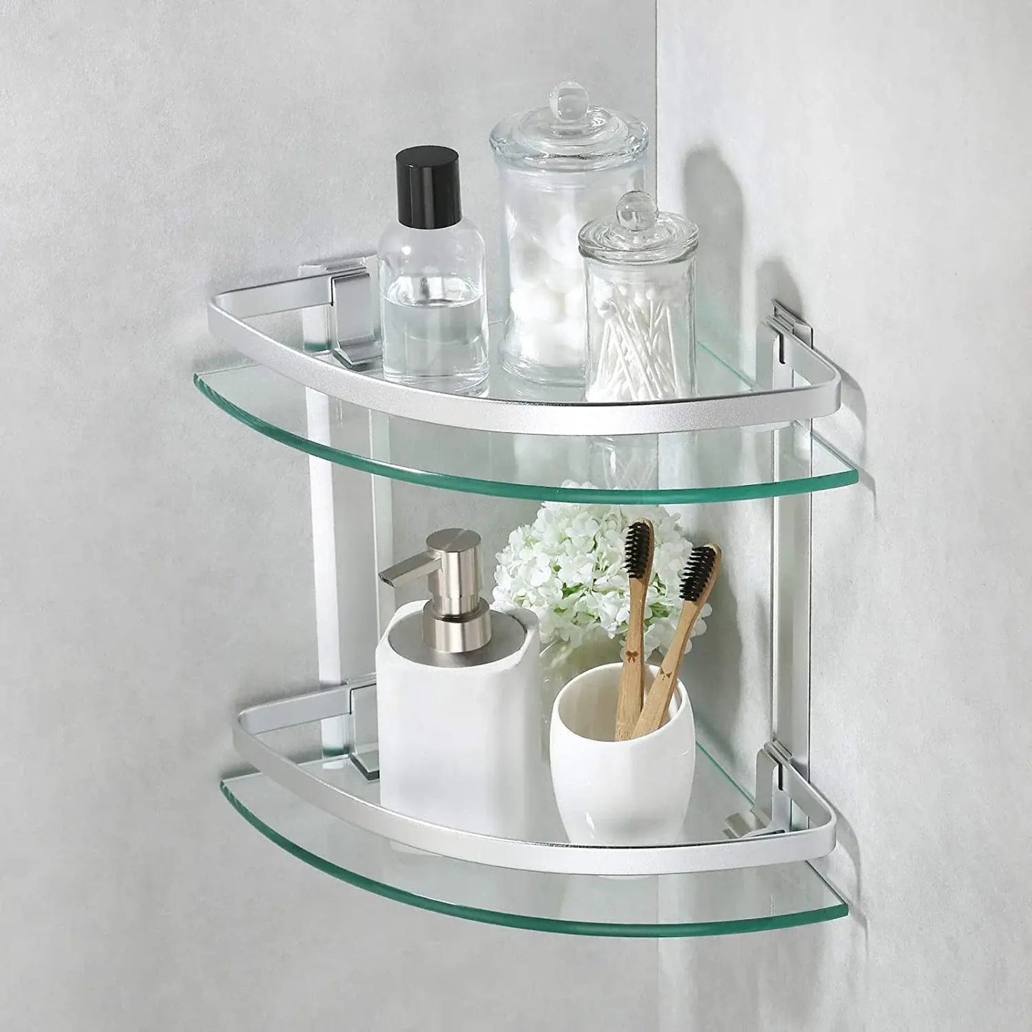 2 Tier Glass Corner Shelf Aluminum, Bathroom Corner Shelf for Stylish Home Organization