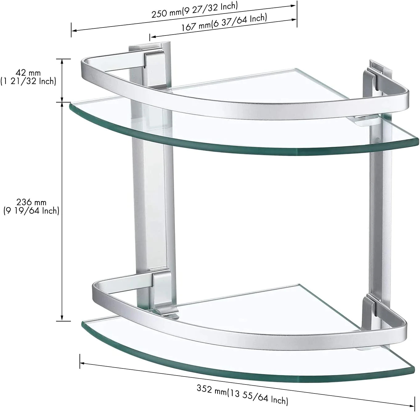 2 Tier Glass Corner Shelf Aluminum, Bathroom Corner Shelf for Stylish Home Organization