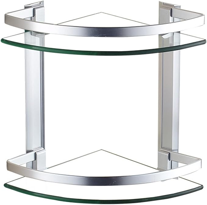 2 Tier Glass Corner Shelf Aluminum, Bathroom Corner Shelf for Stylish Home Organization