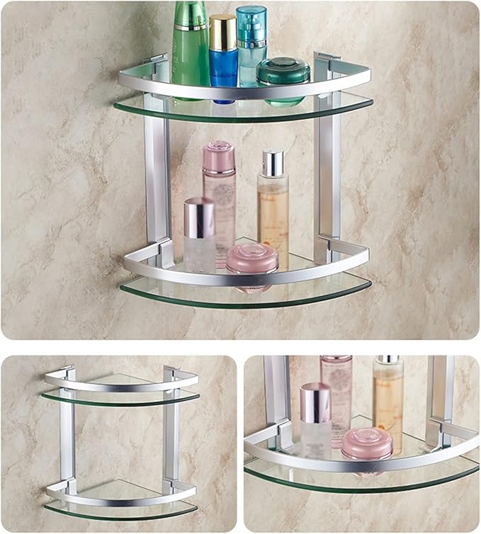 2 Tier Glass Corner Shelf Aluminum, Bathroom Corner Shelf for Stylish Home Organization