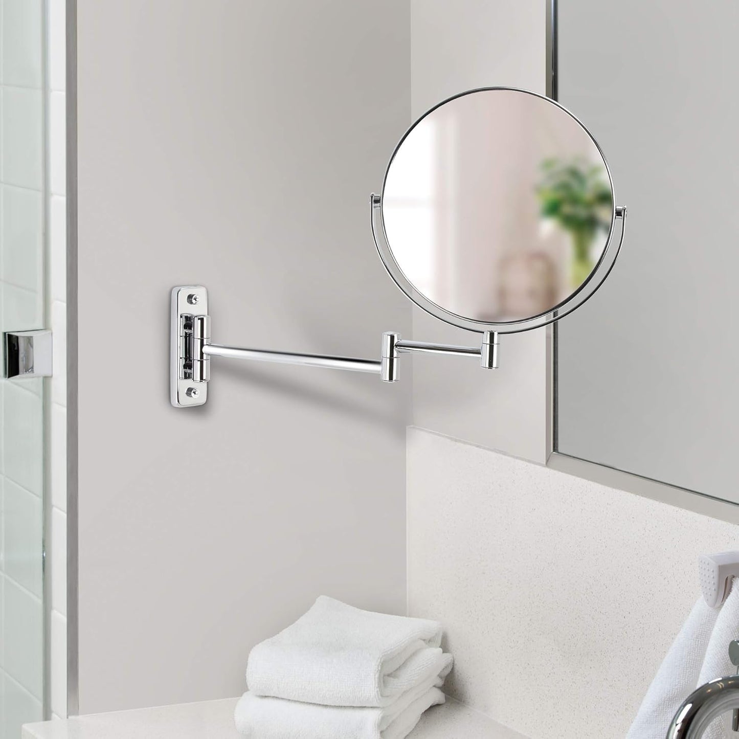 Cosmetic Mirror 8-Inch Wall Mount with Folding Arm – Double-Sided with 5X Magnifying Glass