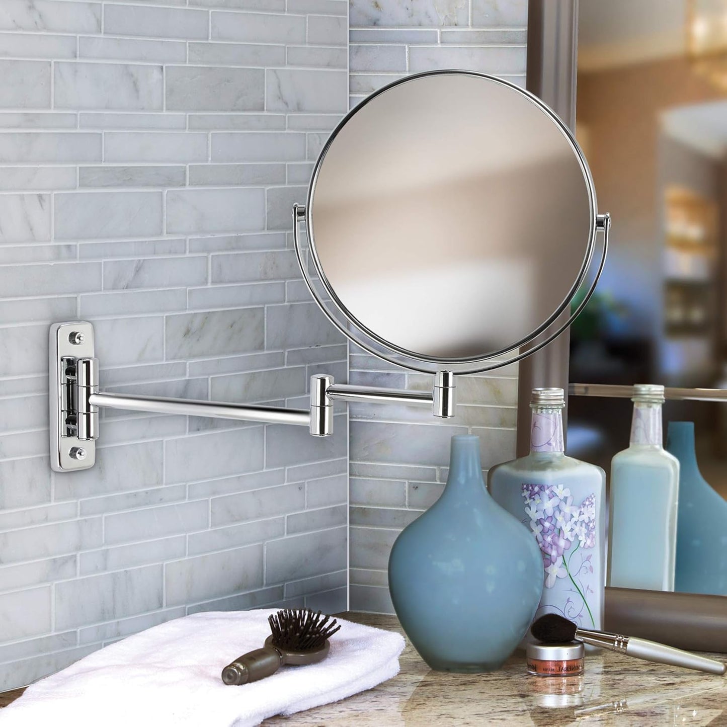 Cosmetic Mirror 8-Inch Wall Mount with Folding Arm – Double-Sided with 5X Magnifying Glass