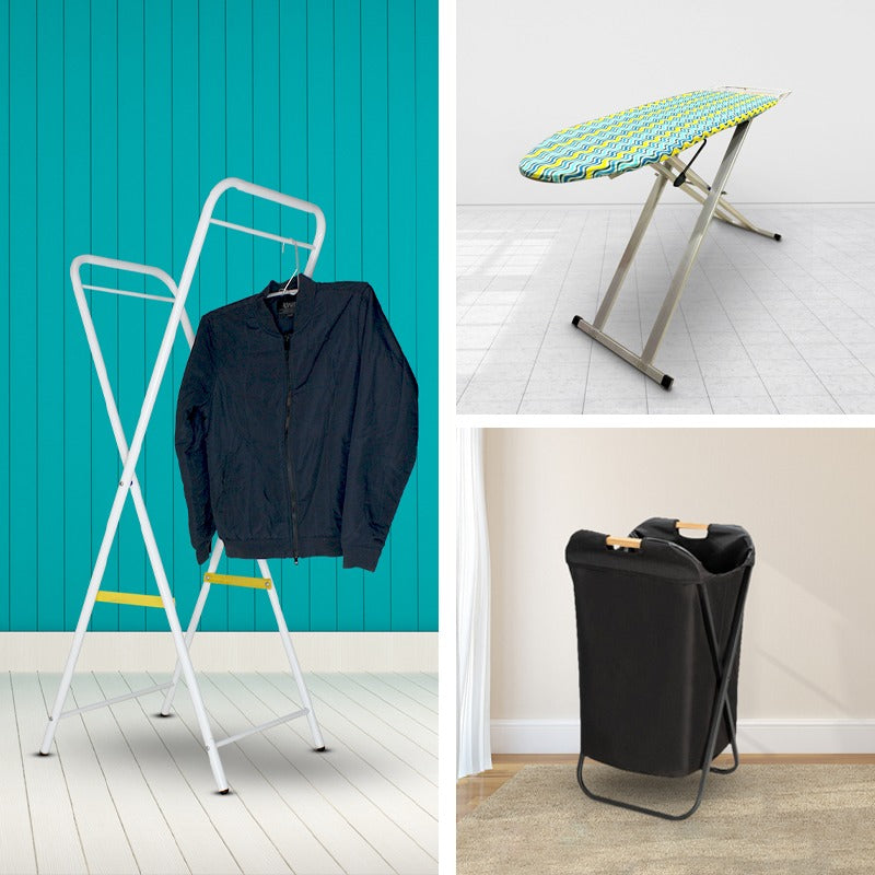 Laundry Care Set: Hamper, Aluminum Ironing Stand & Cloth Hanger