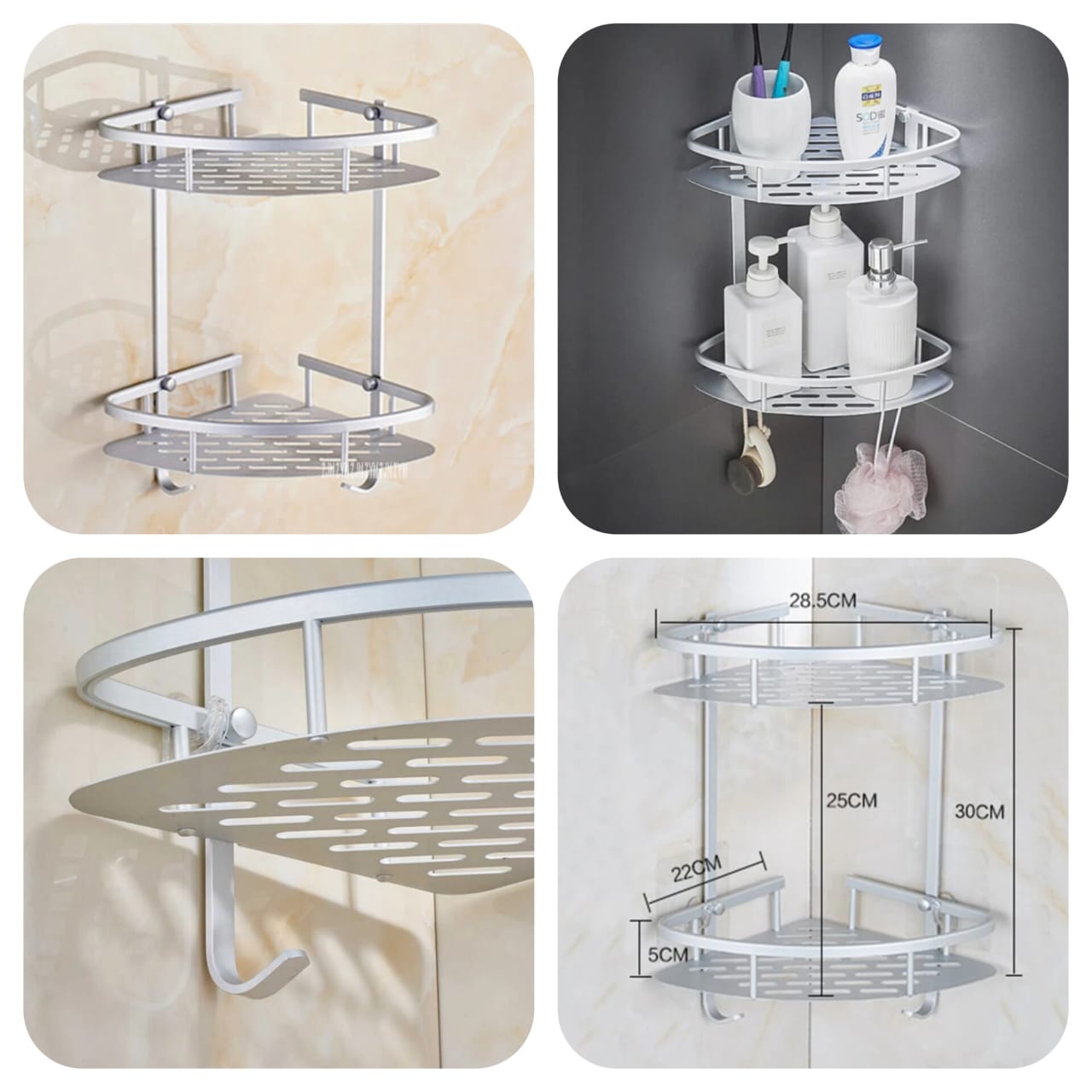 2-Layer Aluminum Wall-Mounted Bathroom Corner Shelf Rack Organizer – Space-Saving Storage Solution
