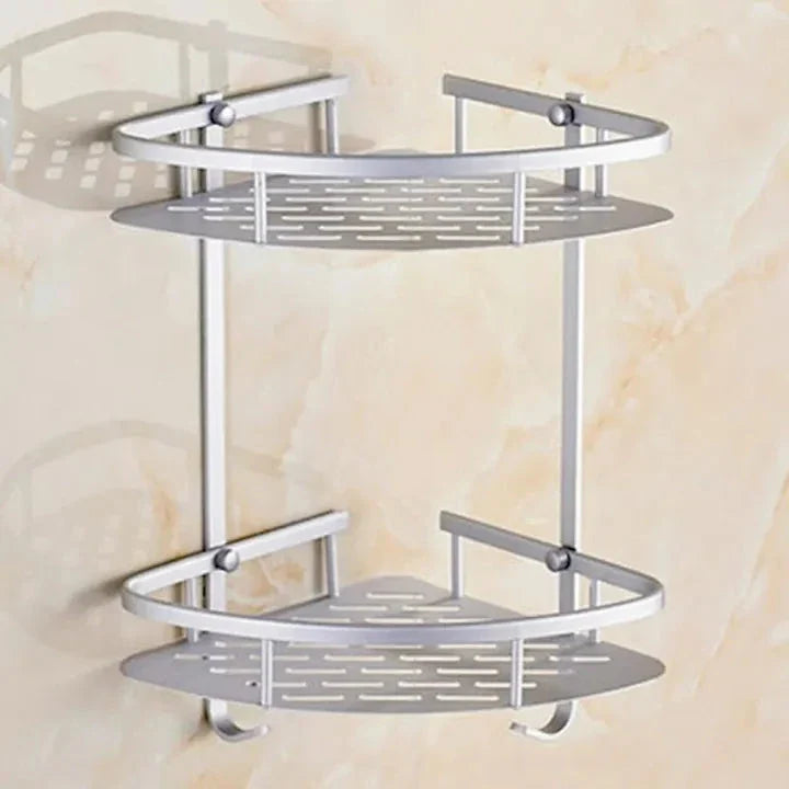 2-Layer Aluminum Wall-Mounted Bathroom Corner Shelf Rack Organizer – Space-Saving Storage Solution