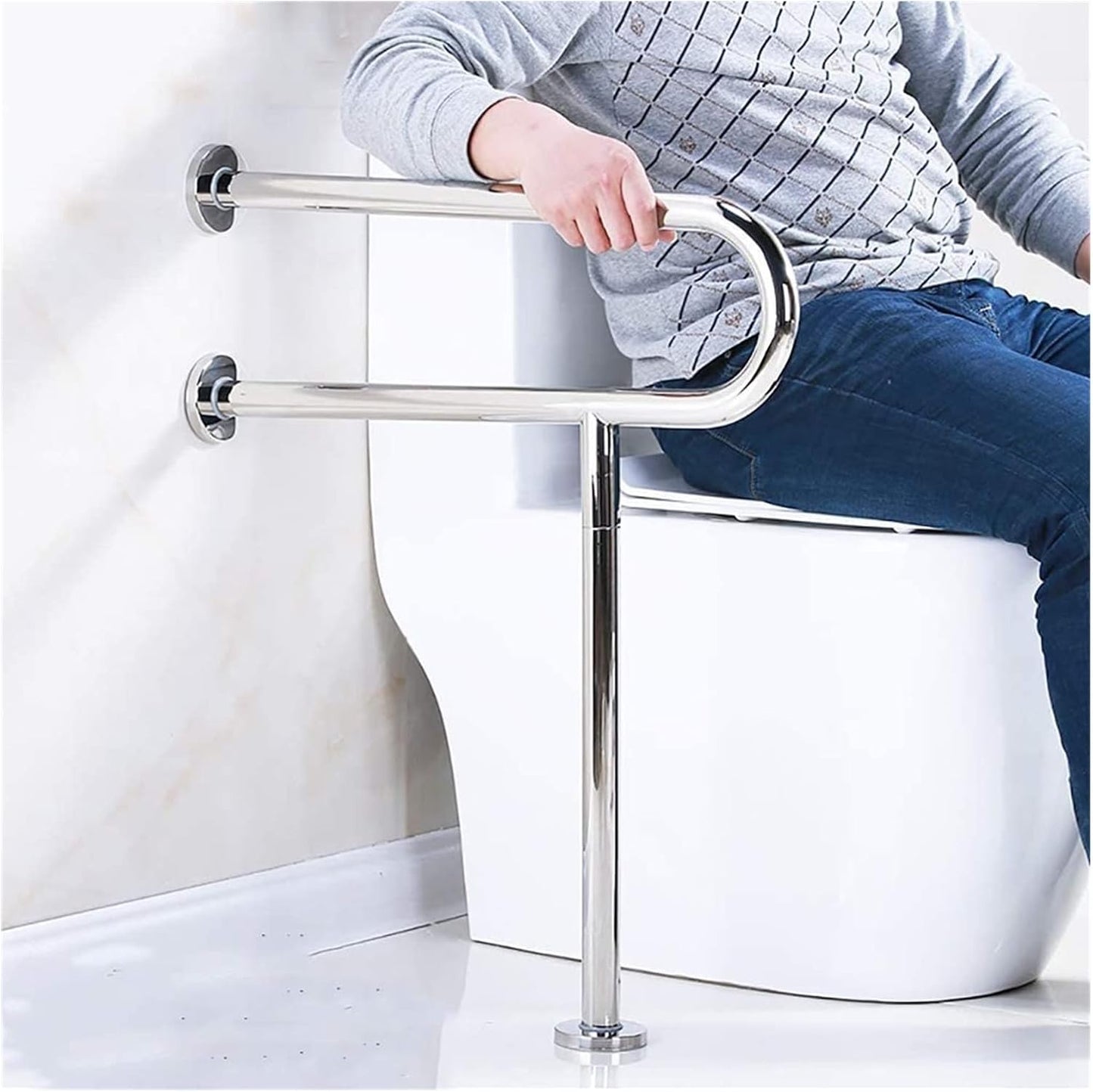 Stainless Steel Bathroom Safety Grab Bar with Floor Support – Wall-Mounted Handrail for Elderly & Disabled