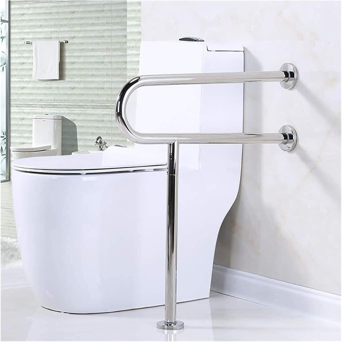 Stainless Steel Bathroom Safety Grab Bar with Floor Support – Wall-Mounted Handrail for Elderly & Disabled