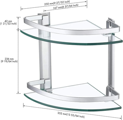 2 Tier Glass Corner Shelf Aluminum, Bathroom Corner Shelf for Stylish Home Organization