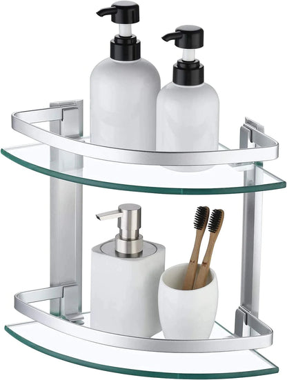 2 Tier Glass Corner Shelf Aluminum, Bathroom Corner Shelf for Stylish Home Organization