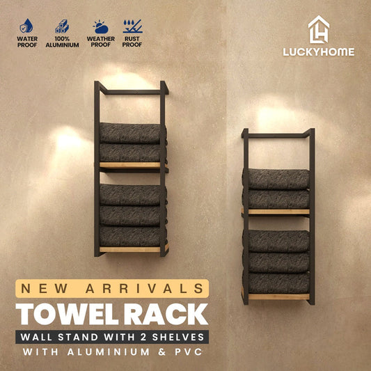 Towel Rack Wall Stand with 2 Shelves With Aluminium and PVC - Water Rust Proof