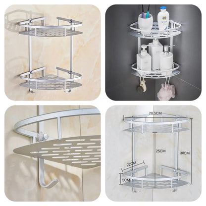 2-Layer Aluminum Wall-Mounted Bathroom Corner Shelf Rack Organizer – Space-Saving Storage Solution