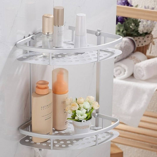 2-Layer Aluminum Wall-Mounted Bathroom Corner Shelf Rack Organizer – Space-Saving Storage Solution